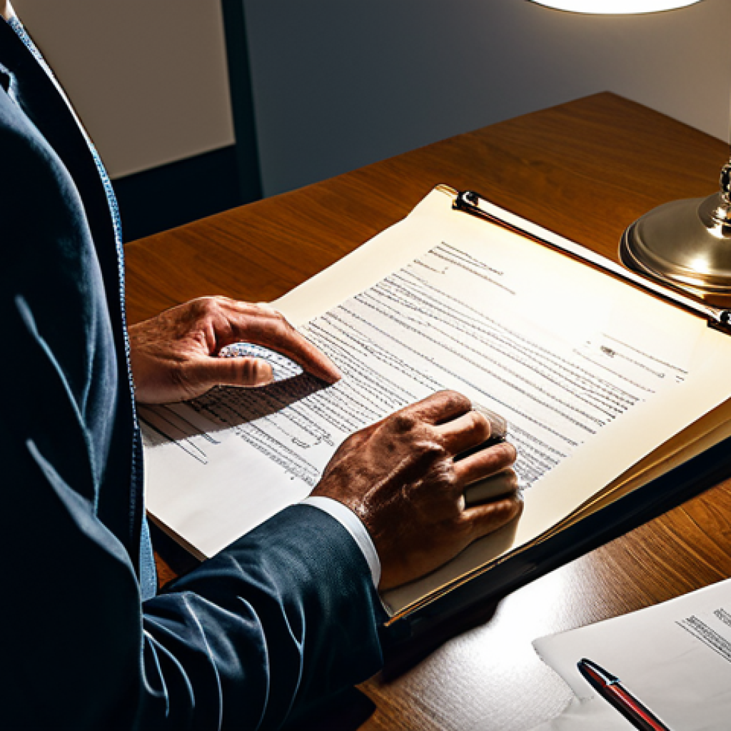 Contractual Obligations**
"A person carefully reading a complex legal document under a warm lamp, emphasizing focus and attention to detail, fully clothed, professional, appropriate content, safe for work, perfect anatomy, correct proportions, well-formed hands, modest clothing, high resolution, detailed legal clauses visible."
**